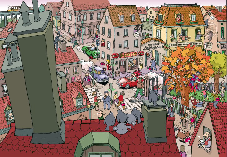 Altstadt, Krimi-Suchbild fuer Kinder, KAKTUS-Magazin.