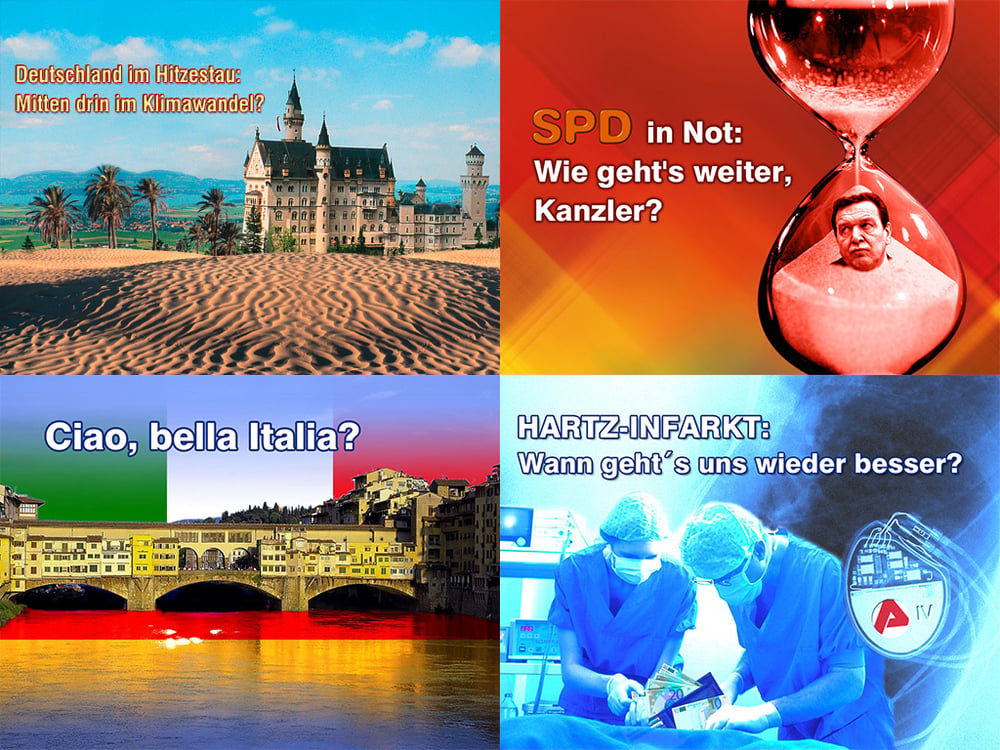 Vier Composings für Programmhinweise des Bayerischen Fernsehens auf Infoscreen (Startbilder)