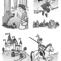 Schulbuch-Illustrationen, schwarz-weiß