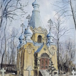 Russische Kirche, Borsigwalde, Radierung, aquarelliert, 32×24 cm, 1989