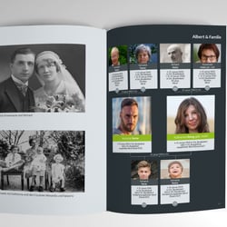 Ahnenbuch mit rund 300 Seiten, hier Stammbaum mit Fotos