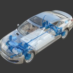 3D-Visualisierung von einem teiltransparentem Auto mit Fahrzeugkomponenten