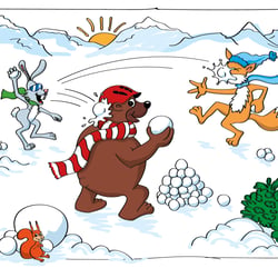 Bär, Fuchs und Hase bei der Schneeballschlacht