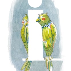 Verliebte Wellensittliche aus dem fliegenden ABC. Aquarell und Tusche, 2020.