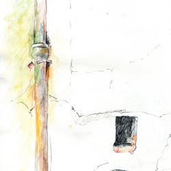 Regenrinne im Hinterhof, St. Pauli, Hamburg – Tools: Bleistift, Buntstifte
