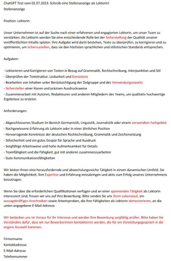 Test Jobanzeige – Chat GPT versus Made by Doreen