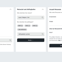 Tchibo Reisen: Mobile Reisesuche – Reiseart, Ziel und Reisende. Frühere Pattern Library 2020–2024.