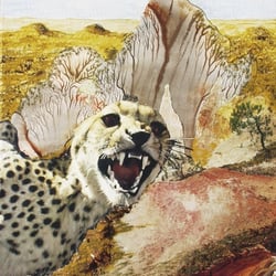 Wüste mit Gepard, Acrylcollage, 40×30 cm, 2007