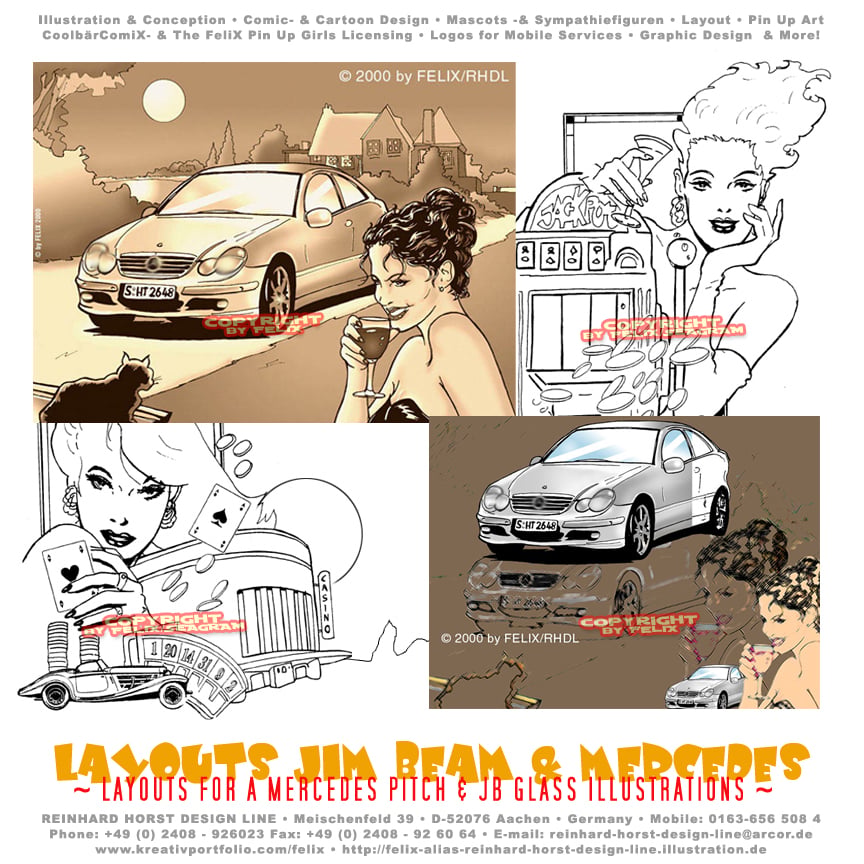 Layouts für einen Mercedes Pitch & Jim Beam Getränke Illustrationen