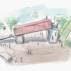Festival-Gelände Eingang mit Skate-Event | Quick Scribble