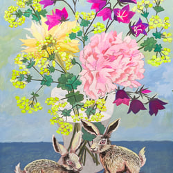Blumenstrauß mit Hasen, Gouache