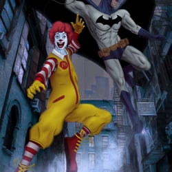 Digitale Zeichnung eines Batman und Ronald McDonald Team-Ups