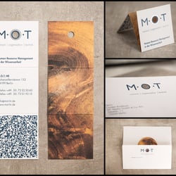 Corporate Design für das Human Resource Management M.O.T. – Produktion mit Lochstanzung und umlaufender Heißfolienprägung.