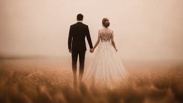 After-Wedding Shooting in einem Weizenfeld im Abendlicht