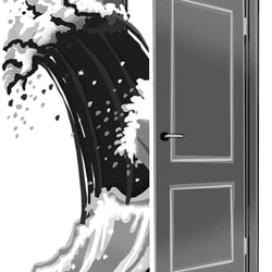 Eine Wasserwelle kommt durch die Tür
