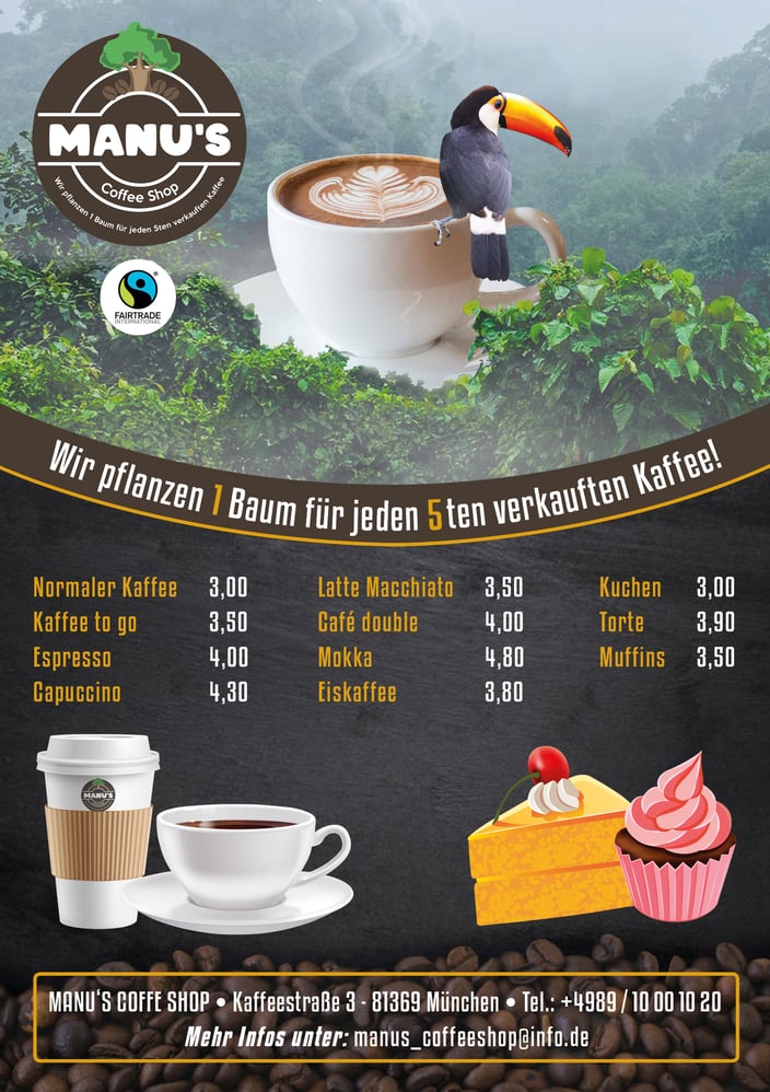 Fotomontage und Infoflyer Design in Komposition für einen Coffee Shop. (Freie Arbeit) in Photoshop & InDesign