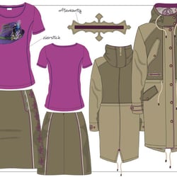Parka mit Materialmix – Rock mit Stick – Shirt mit Print und Stick