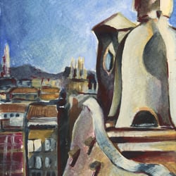 Aquarell Dachterrasse Barcelona/ Postkarte