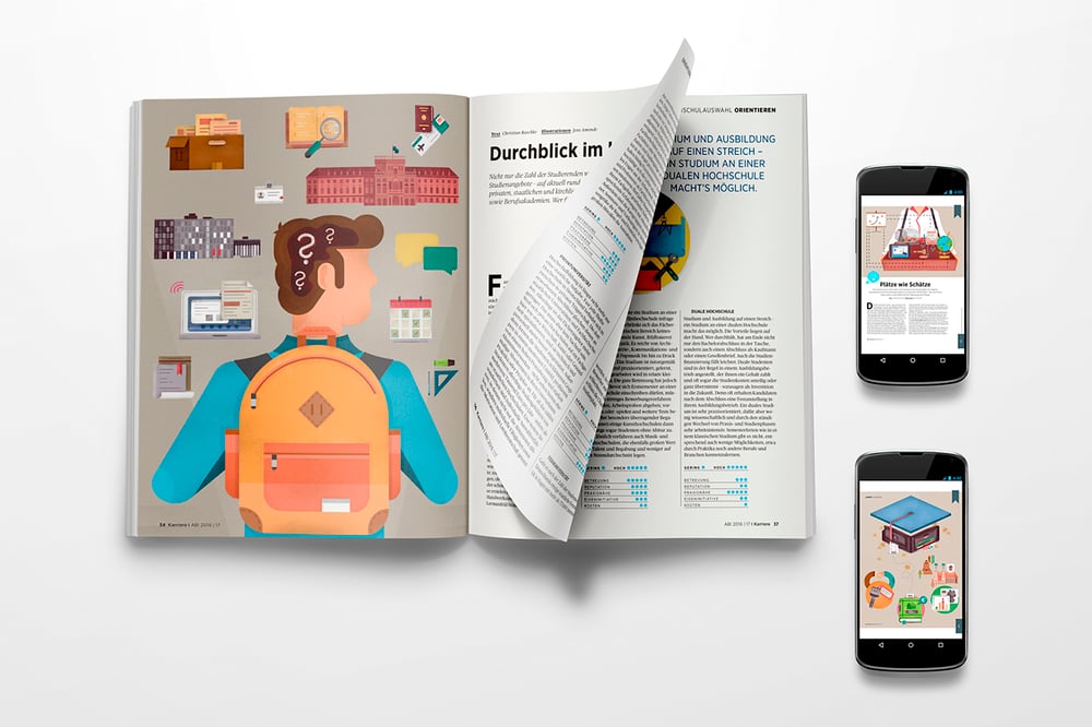 Illustrationen für „Handelsblatt – Karriere Abi“ zum Thema „Studienbeginn“