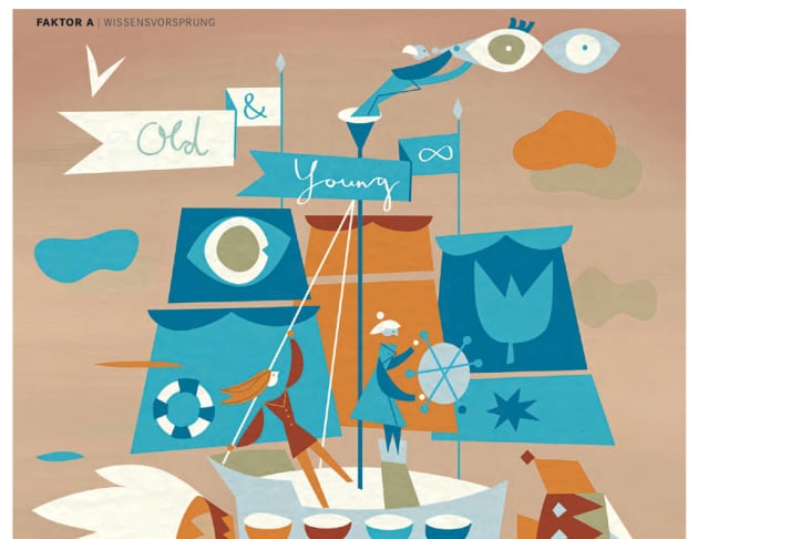 Illustration für Magazin „Faktor A“, Thema  Generationsübergreifende Zusammenarbeit