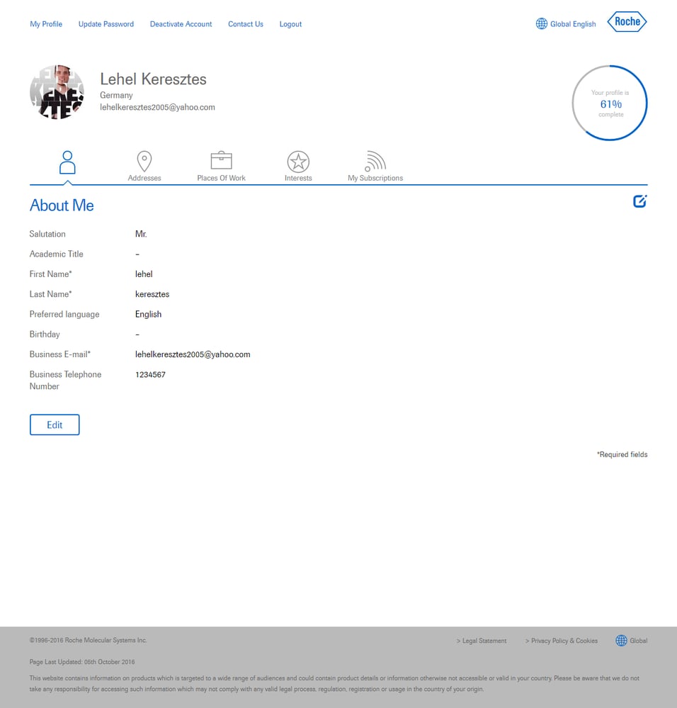 Screenshot of the about section of the profile page