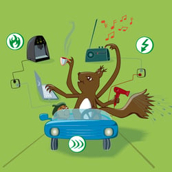 Bilderbuch-Illustration zu den Themen Energieoptimierung und Recycling – Verein Umweltvelowege Schweiz