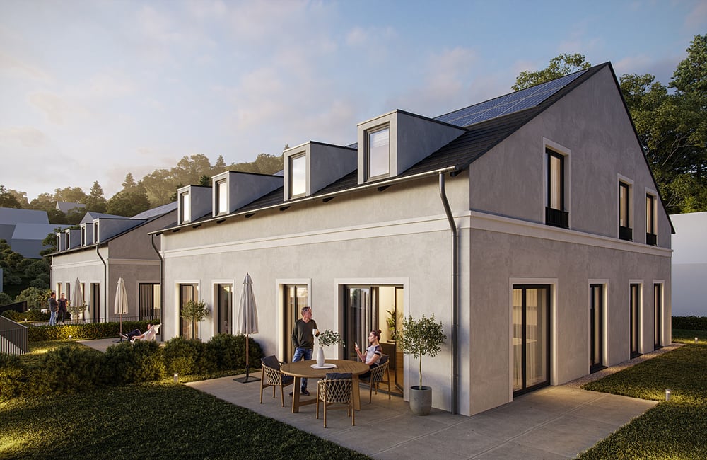 Rückansicht eines Hauses mit Terrasse