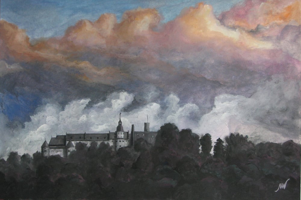 Schloss Hellenstein am Abend mit aufziehendem Gewitter