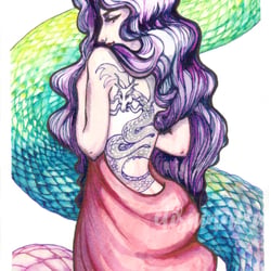 „Woman with dragon tattoo“ – watercolor and ink