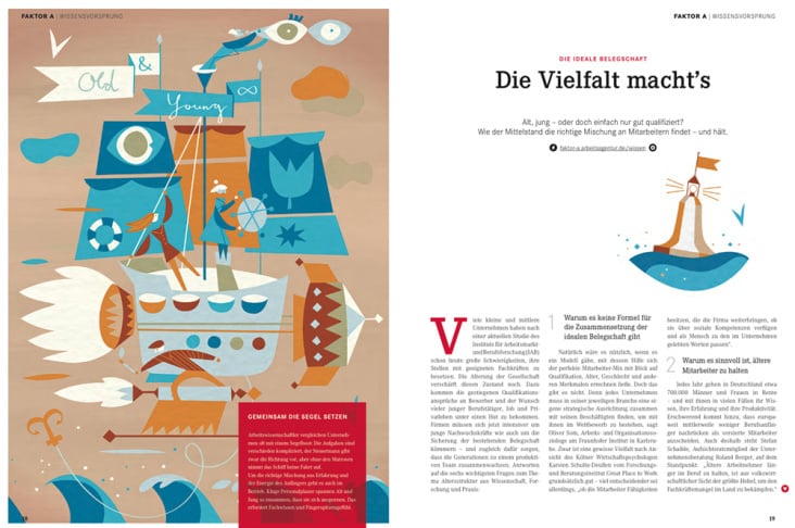 Illustration für Magazin „Faktor A“, Thema  Generationsübergreifende Zusammenarbeit