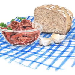 Food Illustration Tischszene mit Brot und Pesto