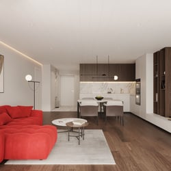 Wohnzimmer mit rotem Sofa