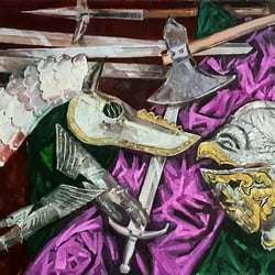 Rüstung und Waffen 60×100 cm Öl auf Leinwand