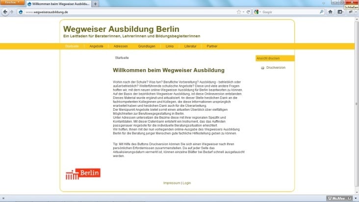 Reduktion auf das Wesentliche: Startseite mit Inhalt, Hauptmenüs, Druckfunktion