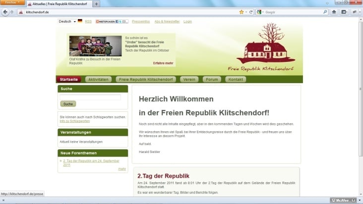 Die Startseite mit dynamischem Teaser und aktuellen Mitteilungen