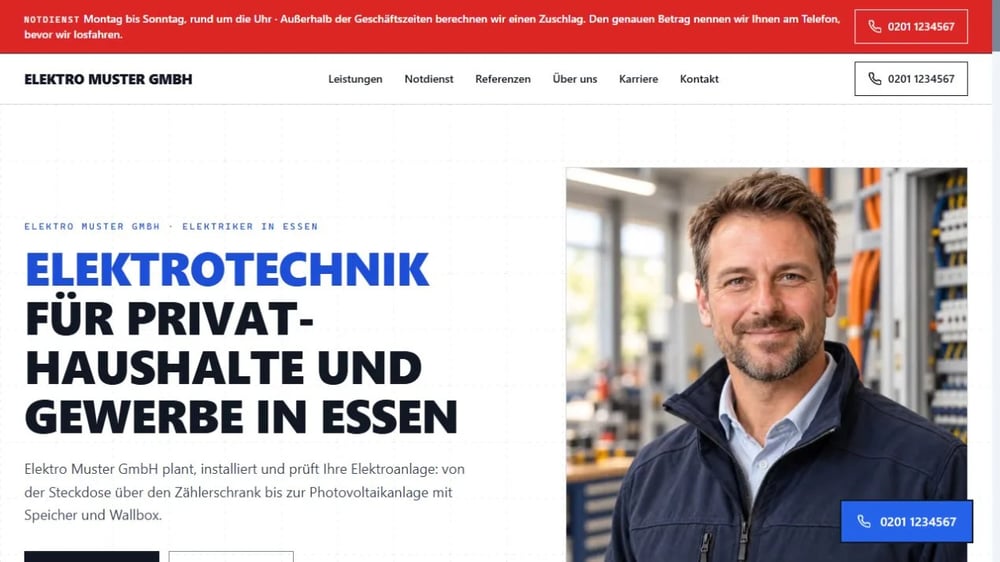 Startseite der Elektriker-Website, eigenes Beispielprojekt