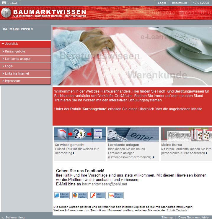 Screenshot Überblickseite Baumarktwissen