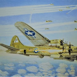 Abschuss der Boeing B-17 D Flying Fortress „Rum-Pod II“ über dem Odenwald. Buntstiftmalerei