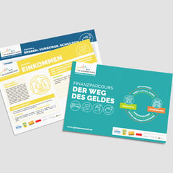Plakatserie mit Icons für einen Finanzparcours der Gläsernen Stadt
