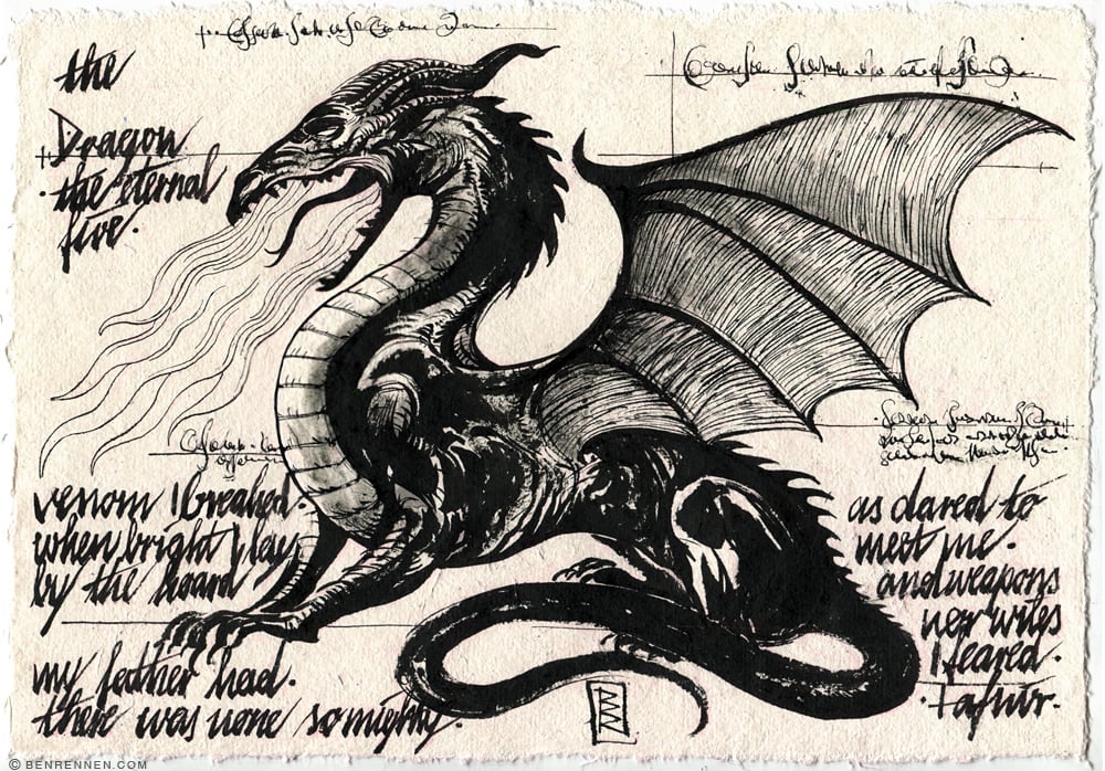 Drache, Tusche auf Büttenpapier