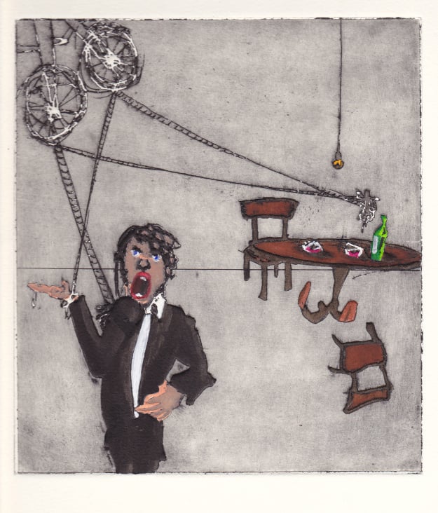 Das Trinken sollte zelebriert werden (Prägeklischee und Aquatinta, Tusche und Aquarell, 16,7×18,8cm, 2011)