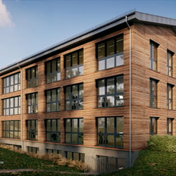 3D Visualisierung Bürohaus mit Holzfassade