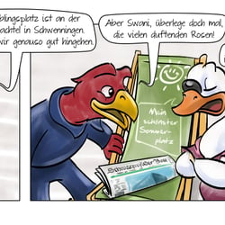 Beispiel Comicstrip Swani und Bert 2017-KW34 – Die beiden Wappentiere suchen einen Platz an der Sonne in Villingen-Schwenningen