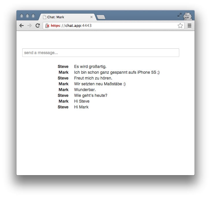 Einfacher Chat realisiert mit WebSockets. Leserichtung von unten nach oben.