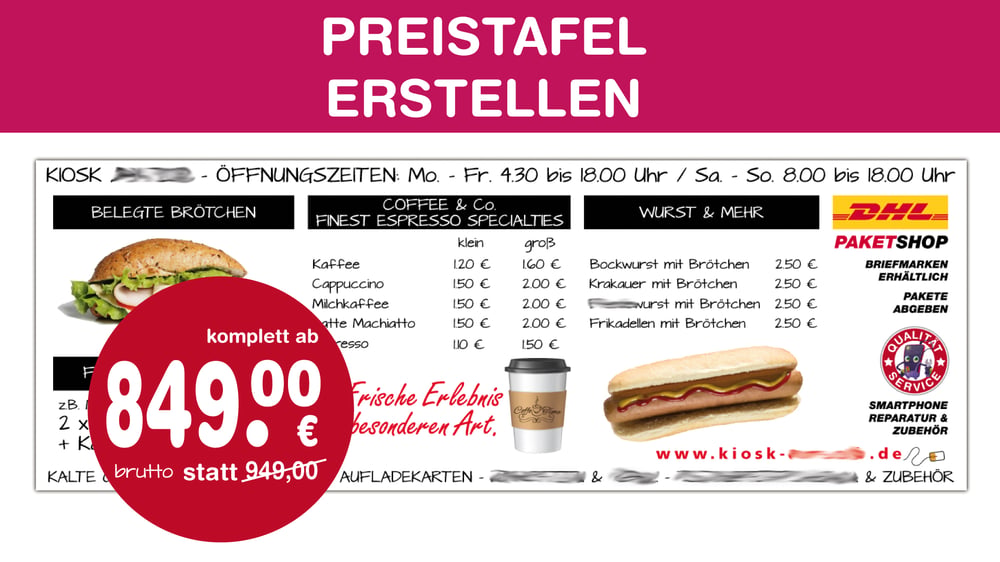 Wir gestalten Ihre Preistafel, Produkttafel für Restaurant, Imbiss, Kiosk, Bäckerei und Backshop geschäft Laden