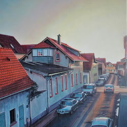 Pfungstadt Rügnerstraße Abends/Blick nach Westen / Acryl auf Sperrholzplatte