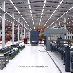 3D-Visualisierung von einer Industriehalle mit farblichen Kontrasten verschiedener Bereiche