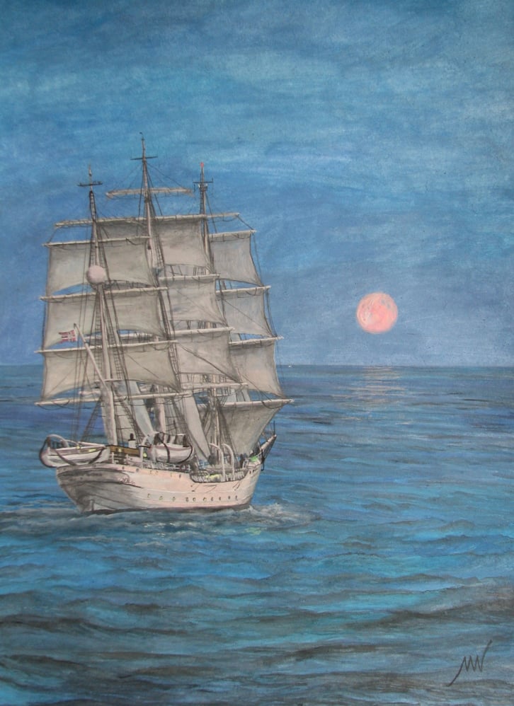 Christian Radich mit dem aufgehenden Mond,