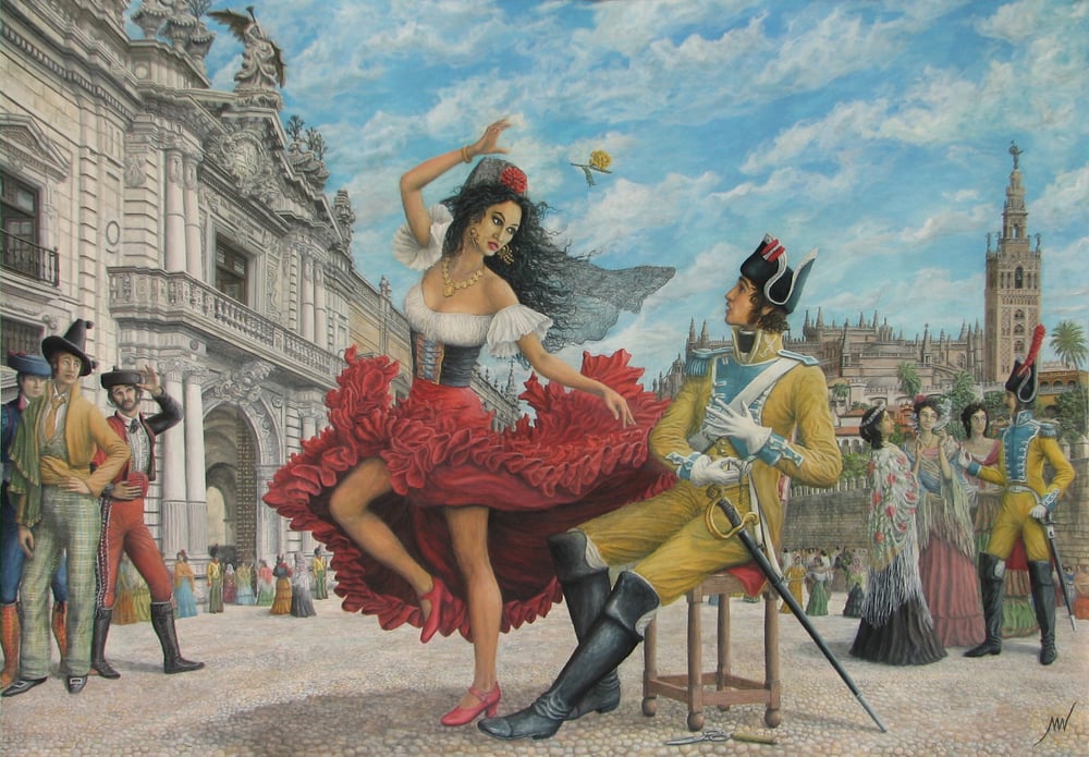 Carmen wirft die Kassienblüte (nach einer Szene aus dem 1. Akt der Oper „Carmen“ von Bizet)
