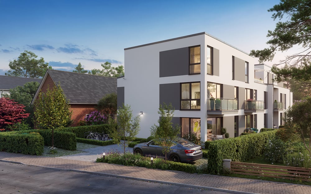 3D Architekturvisualisierung – Mehrfamilienhaus  – Straßenansicht